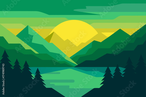 Green landscape with mountains sun and water scene