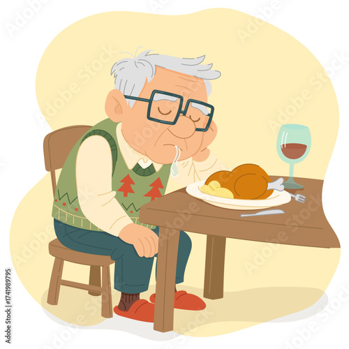 Funny Grandpa Falling Asleep after Christmas Dinner Cartoon Illustration
