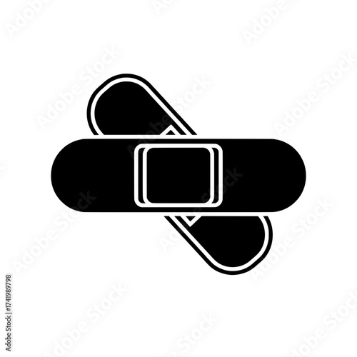 Black silhouette of two overlapping adhesive bandages a common first aid item.