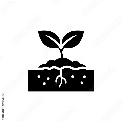 Young plant seedling with visible roots in soil icon representing growth.