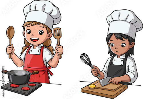 Smiling kids dressed as chefs cooking, girl stirring pot, boy preparing ingredients, teamwork in kitchen, children learning culinary skills
