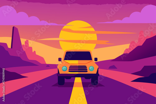 A car drives on a road towards the setting sunscape
