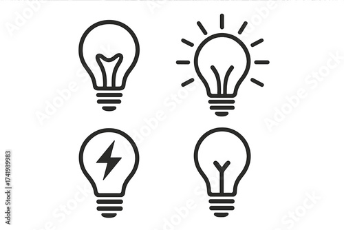Light bulb icon set. Idea, creativity, innovation, and solution concept. Electricity, energy, power symbol. Shining lamp. Simple line art vector for web and graphic design.