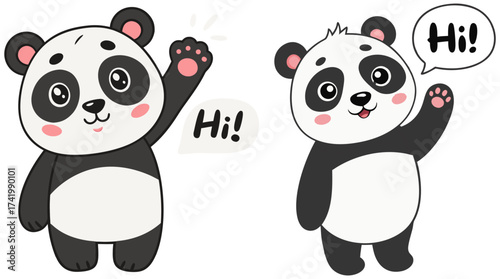 Cute cartoon panda characters waving and saying hi friendly animal illustration