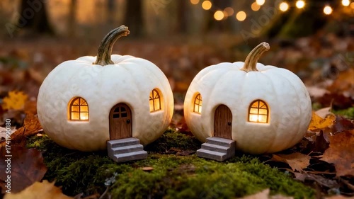 Two white pumpkin cottages with glowing windows sit on moss in a forest. Autumn leaves surround them, creating a cozy Halloween atmosphere.