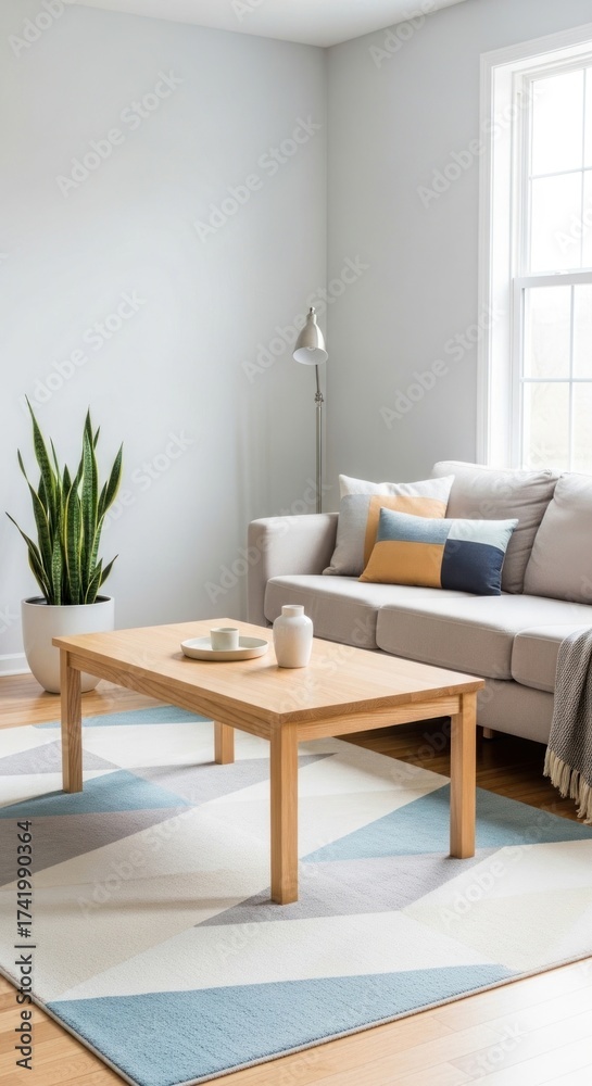 Fototapeta premium Modern and minimalist living room interior with light wood coffee table, beige sofa, geometric area rug, and snake plant, bathed in natural light.