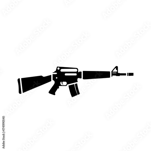 Assault rifle silhouette icon military weapon symbol graphic.