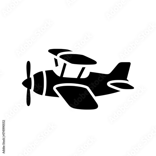 Black silhouette of a vintage biplane aircraft with propeller.