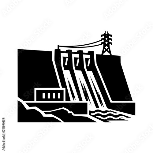 Hydroelectric Dam with Power Transmission Tower Generating Renewable Energy.