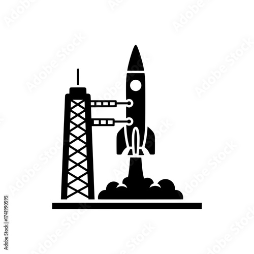 Space Rocket Launching from Launchpad Icon.