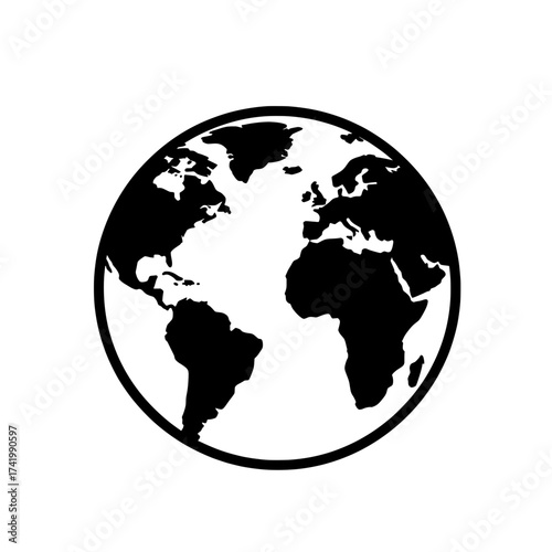 Earth globe icon black and white illustration of the world.