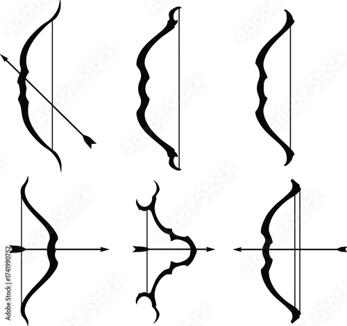 Silhouette collection of fantasy bows and arrows, traditional and modern archery designs for game assets, concept art, and illustrations.