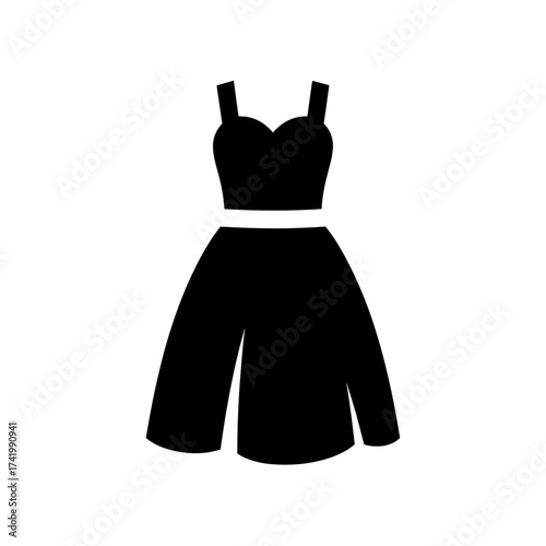 Black dress icon with shoulder straps and flared skirt design.