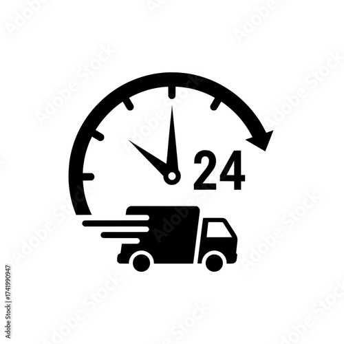 24 Hour Fast Delivery Service Icon with Moving Truck and Clock Symbol.