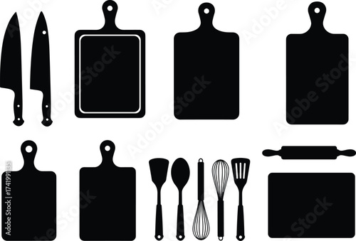 Silhouette kitchen utensils set with knives, cutting boards, spatula, whisk, rolling pins, spoon, essential cooking tools for chefs.