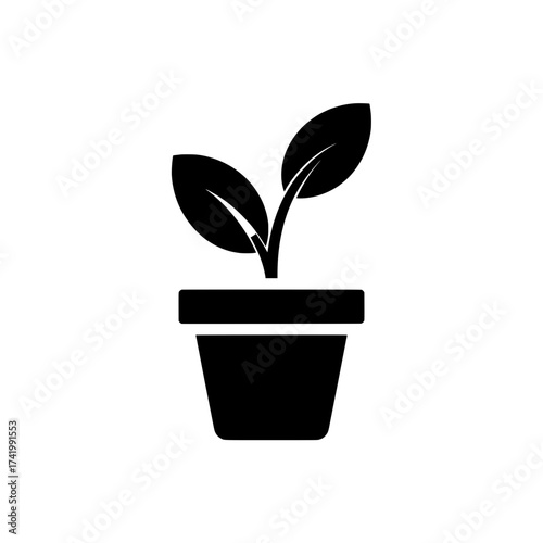 Simple black silhouette icon of a small potted plant with two leaves representing growth and nature.