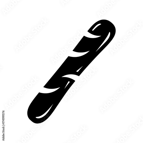 Simple black silhouette of a classic French baguette icon.