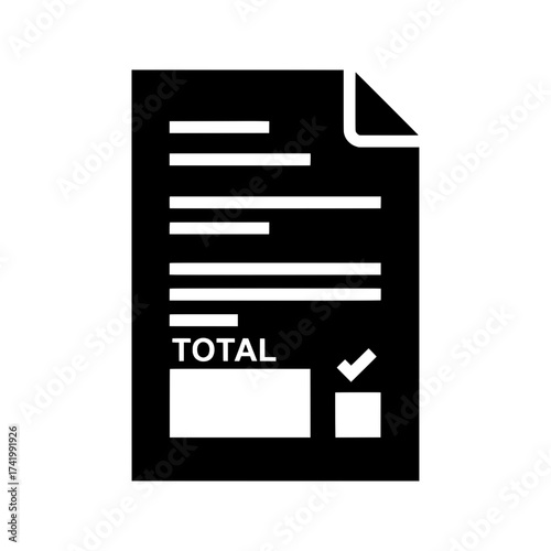 Black and white image of a document with the word TOTAL and a checkmark.