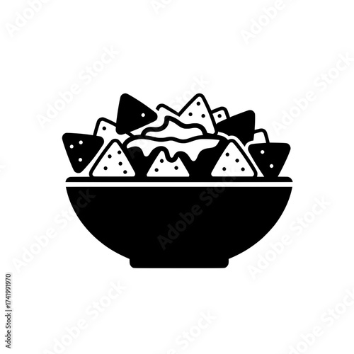 Black and white image of a bowl of nachos with cheese.