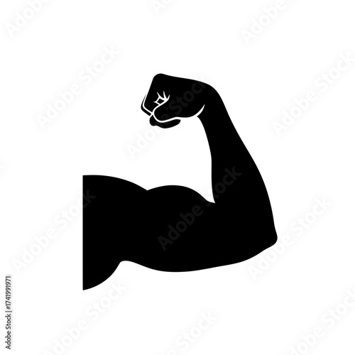 Strong arm flexing muscles black silhouette power and strength concept white background.