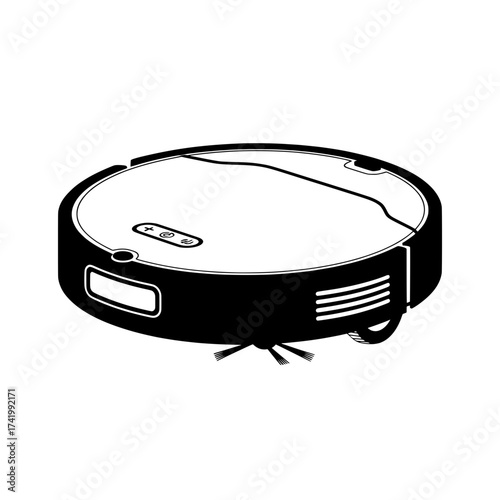 Robotic vacuum cleaner cleaning floor modern technology black and white.
