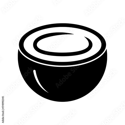 Coconut fruit cut in half with white flesh and black outline.