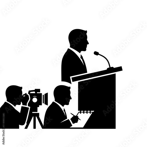 Silhouette of a speaker at a podium with a microphone and reporters.