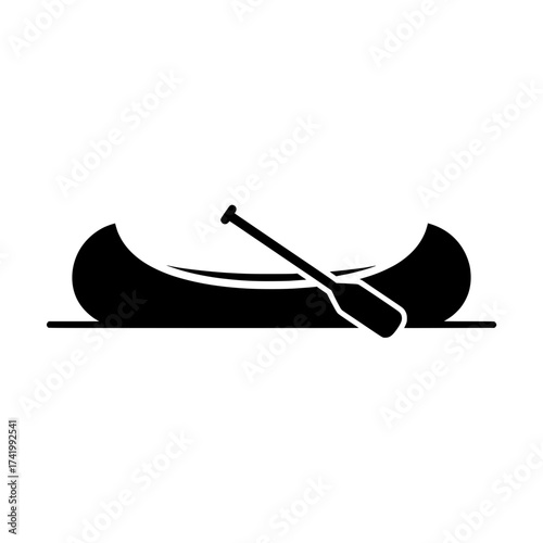Canoe with paddle icon black and white illustration water transport outdoor activity.