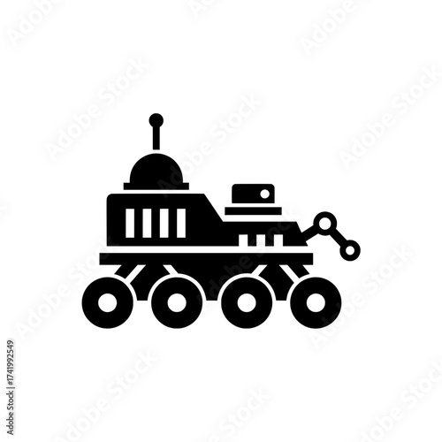 Black and white illustration of a space rover on a white background.