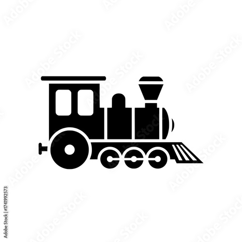 Black and white train illustration on a white background.