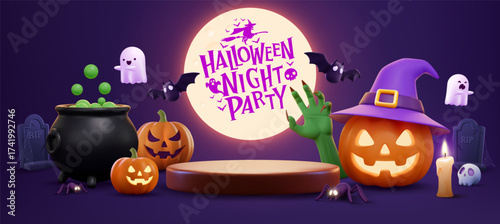 Halloween Night Party Background With Glowing Halloween Pumpkin Jack O Lantern Wearing Witch Hat Zombie Hand Cauldron Ghosts Bats Tombstones And Full Moon For Halloween Poster Banner Template