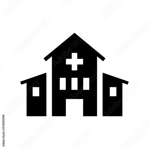 Hospital building icon with cross symbol for medical care and health services.