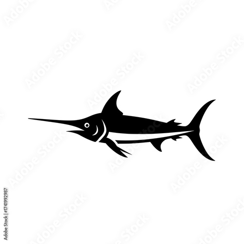 Swordfish silhouette isolated on white background aquatic animal illustration.
