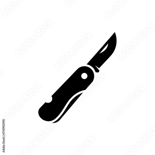 Pocket knife with a sharp blade ready for cutting and utility tasks black and white.