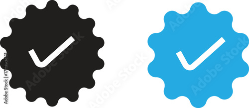 Blue  & black  verified check mark vector icon with minimal flat design.