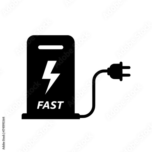 Electric vehicle fast charging station with plug and lightning bolt symbol.