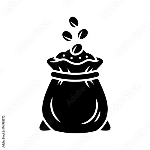 Coffee bean bag with beans falling out black and white illustration.