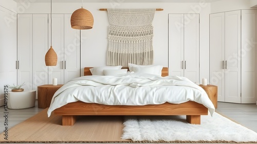 Serene Bedroom Sanctuary A Cozy and Stylish Retreat with Natural Textures and Warm Lighting