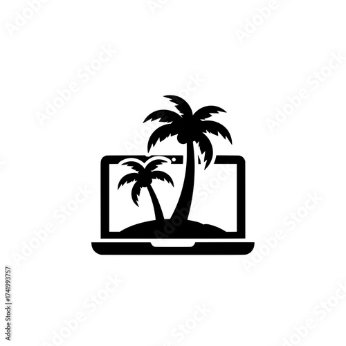 Laptop with palm trees on the screen vacation and travel concept.