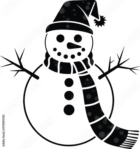 Charming winter snowman illustration with hat and scarf on transparent background silhouette