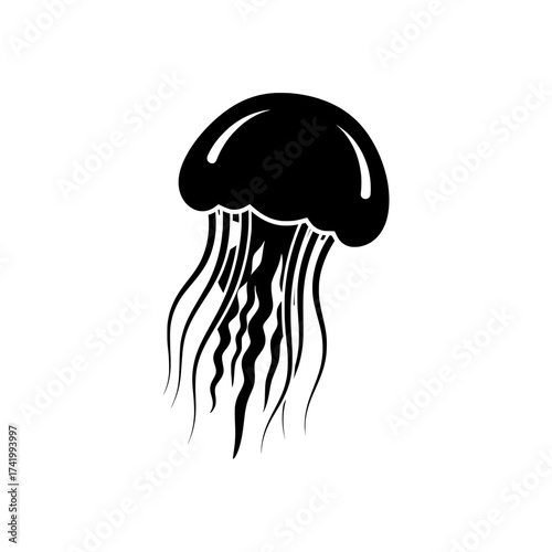 Black jellyfish illustration on a white background simple design marine life.