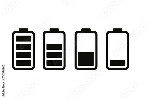Battery charge level indicator icon set. Power status from full to empty. Black and white accumulator capacity symbols. Vector illustration for UI UX design on transparent background.