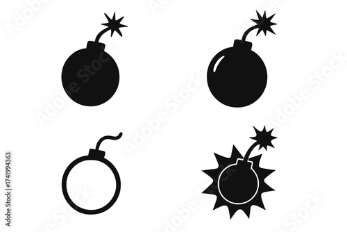Bomb icon set. Dangerous weapon concept. Explosion symbol. War pictogram. Black silhouette and outline. Vector graphic. Time bomb metaphor for deadline, pressure, risk, crisis.