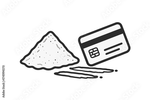 Cocaine powder, lines, and credit card icon. Drug addiction, illegal narcotic, substance abuse problem. Hard drug danger, social issues, trafficking. Vector illustration.