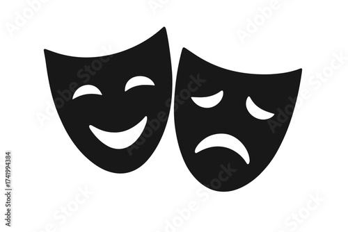 Comedy and tragedy theater masks. Happy and sad face icon. Drama symbol. Joy and sorrow emotion. Mood swing metaphor. Bipolar disorder concept. Mental health psychology icon.