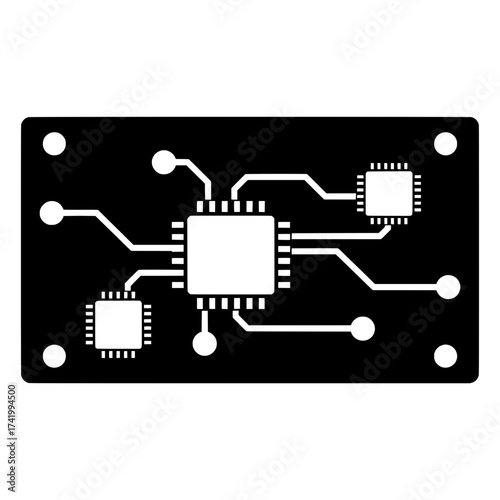Circuit board with integrated circuits and connection paths black and white.