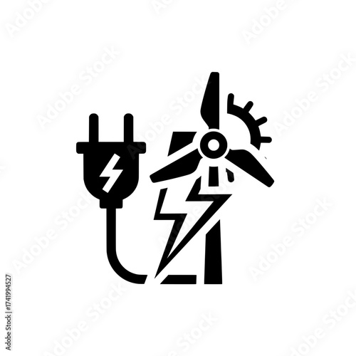 Wind turbine generating electricity with plug and lightning bolt.