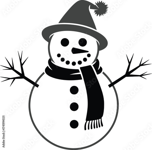 Charming winter snowman illustration with hat and scarf on transparent background silhouette