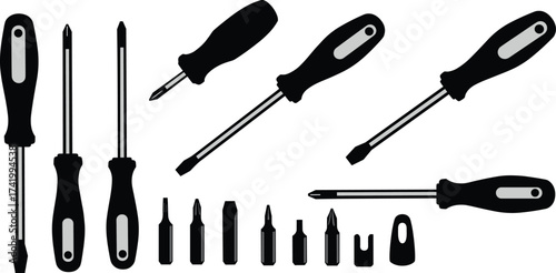 Vector Illustration of Screwdrivers and Bits, Flathead, Phillips, Torx, Hex Types, Black and White Hand Tool Icons, Mechanical Repair Equipment