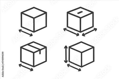 Box dimension line icon set. Package size measurement symbol collection. Logistics, shipping and delivery concept. Product width, height, depth pictogram. Vector illustration.